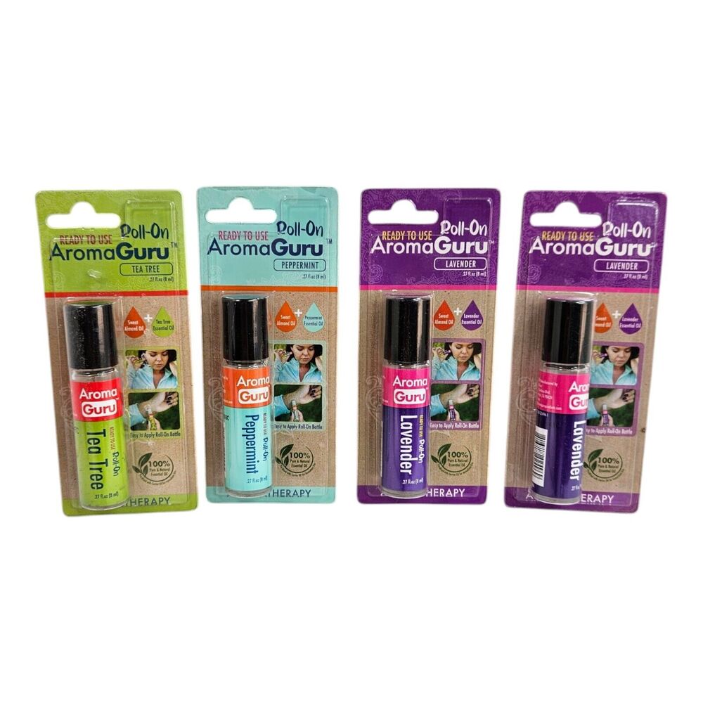 4 Pc Lot Aroma Guru Roll-On Aromatherapy - Scented Tea Tree Peppermint Lavender
